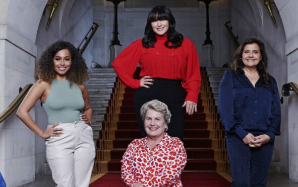 Sandi Toksvig, front, with, from left, Amber Gill, Anna Richardson and Nina Wadia