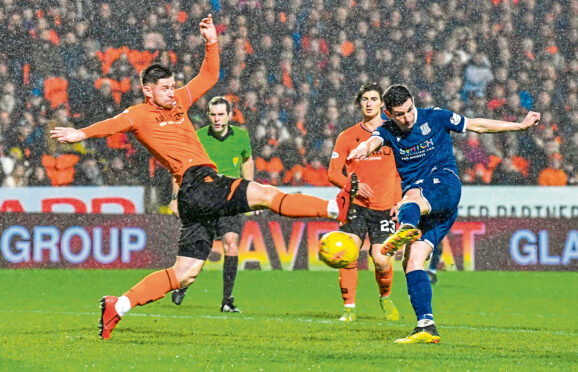 Graham Dorrans scores the last goal in a Dundee league derby, the 1-1 draw at Tannadice in December, 2019. The game is one of this season’s selling points in the Premiership.