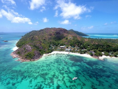 Aerial view of Praslin, Seychelles.