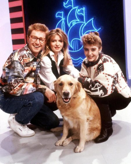 Yvette, right, with Mark Curry, Caron Keating and Bonnie on Blue Peter in the late ’80s