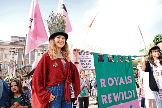 Children deliver a Wild Card campaign petition signed by 100,000, to Buckingham Palace, London, calling on the royal family to re-wild their estates.