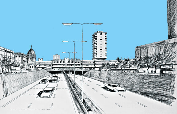 A road to the future is imagined by architect  Alexander Duncan Bell as he draws the planned M8 streaming through Charing Cross, Glasgow, before work started in 1965