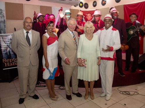 The Prince of Wales and the Duchess of Cornwall during a visit to the Areito EGREM Recording Studios, in Havana (Arthur Edwards/The Sun/PA)