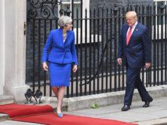 Prime Minister Theresa May welcoming US President Donald to Downing Street, London, on the second day of his state visit to the UK.