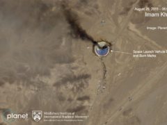 Annotated satellite image showing a fire at a rocket launch pad at the Imam Khomeini Space Centre in Iran’s Semnan province (Planet Labs Inc, Middlebury Institute of International Studies via AP)
