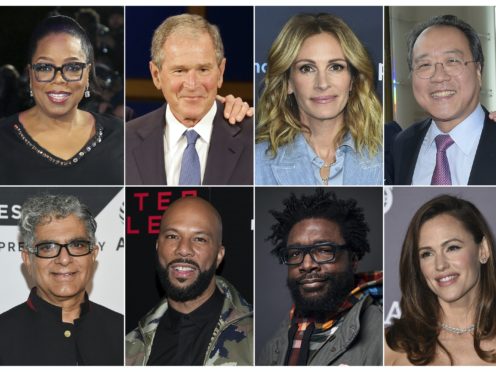 This combination photo shows, top row from left, media mogul Oprah Winfrey, former president George W. Bush, actress Julia Roberts and musician Yo-Yo Ma, bottom row from left, guru Deepak Chopra, rapper Common, musician Questlove, and actress Jennifer Garner, who are among the participants in the 24-hour livestream event, The Call to Unite (AP)