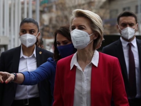 European Commission President Ursula von der Leyen arrives for a joint news conference after talks with Turkey’s President Recep Tayyip Erdogan, in Ankara (Burhan Ozbilici/AP)
