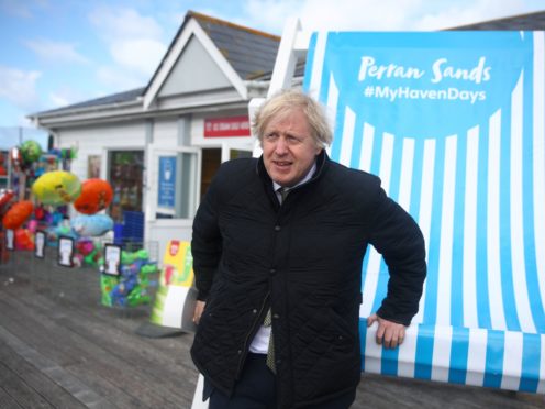 Prime Minister Boris Johnson during a visit to Haven Perran Sands Holiday Park in Perranporth, Cornwall, to see how they are preparing to reopen (Tom Nicholson/PA)