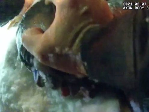 This image from an Akron Police Department officer’s body camera shows Charles Hicks II being held down in the snow during his arrest (AP)