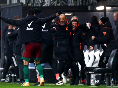 Nuno Espirito Santo celebrates Wolves’ late winner at Fulham (Clive Rose/PA)