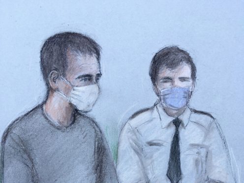 Court artist sketch of Thomas Schreiber (left), 34, appearing at Poole Magistrates Court (Elizabeth Cook/PA)