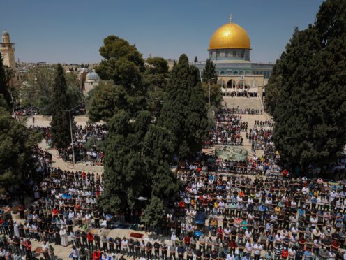 Palestinian worshipers pray during the first Friday of the holy month of Ramadan (Mahmoud Illean/AP)