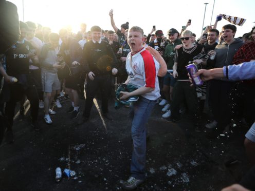 Fans gathered outside Elland Road to protest against a Super League (Zac Goodwin/PA)