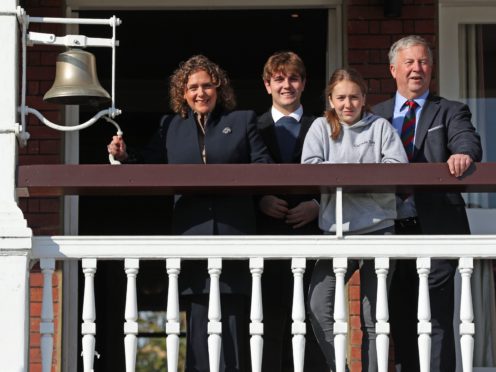 (L to R) Captain Sir Tom Moore’s daughter Hannah Ingram-Moore, grandchildren Benjie and Georgia, and son-in-law Colin, launch the Captain Tom 100 charity challenge at Lord’s cricket ground (Jonathan Brady/PA)