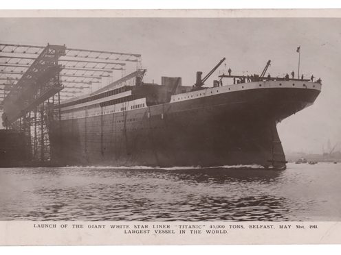 A photocopy provided by RR Auction of a postcard dated May 31 1911 shows the Titanic, in Belfast, Northern Ireland (RR Auction via AP)