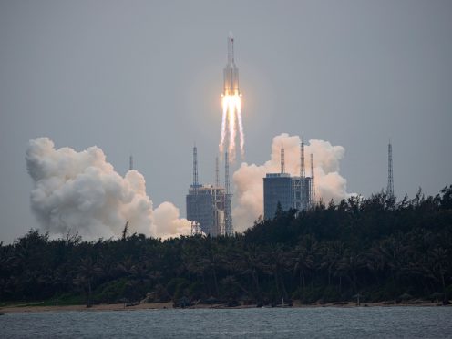 A Long March 5B rocket carrying a module for a Chinese space station lifts off from the Wenchang Spacecraft Launch Site in Wenchang in southern China’s Hainan Province, Thursday, April 29, 2021. China has launched the core module on Thursday for its first permanent space station that will host astronauts long-term. (Chinatopix via AP)