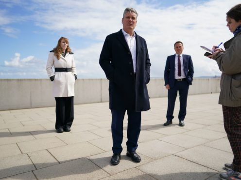 Labour Party leader Sir Keir Starmer, deputy leader Angela Rayner, and Labour’s candidate for Hartlepool Paul Williams on a walkabout at the Seaton Carew seafront on Saturday (Ian Forsyth/PA)