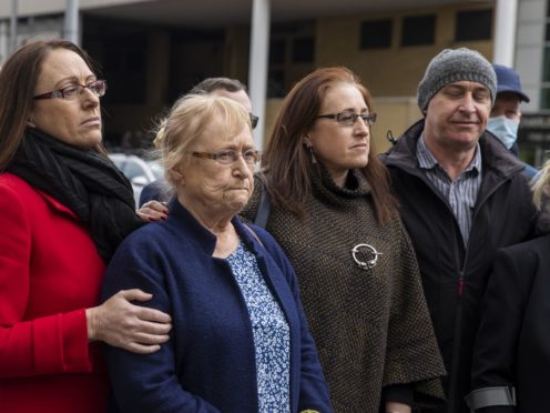 Joe McCann’s family, (left to right) daughter Nuala, widow Anne, daughter Aine, and son Fergal, during a press conference outside Laganside Court in Belfast (Liam McBurney/PA)