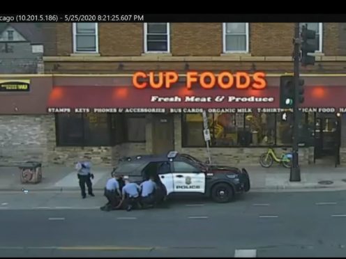 In this May 25, 2020 file image from surveillance video, Minneapolis police Officers from left, Tou Thao, Derek Chauvin, J. Alexander Kueng and Thomas Lane are seen attempting to take George Floyd into custody in Minneapolis, Minn. (Court TV via AP, Pool, File)