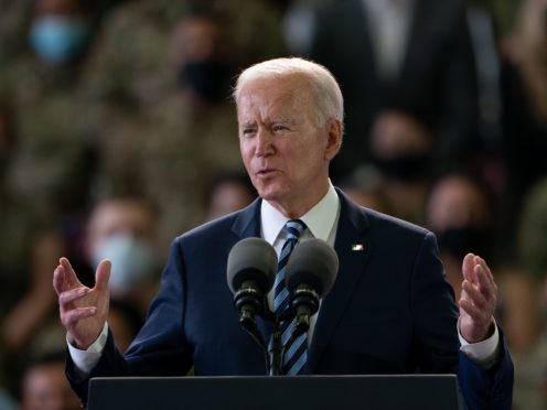US President Joe Biden addresses US Air Force personnel at RAF Mildenhall (Joe Giddens/PA)