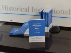 Copies of the Historical Institutional Abuse inquiry report on show during the press conference in Belfast on its publication.