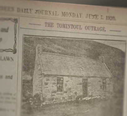Newspaper headline from 1920 which reads: "The Tomintoul Outrage"