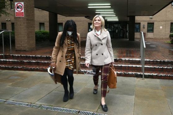 Former Blue Peter presenters Diane Louise Jordan and Anthea Turner leaving court after giving evidence in support of their former colleague. 