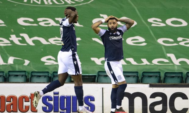 Dundee's Alex Jakubiak has a goal disallowed at Hibs.