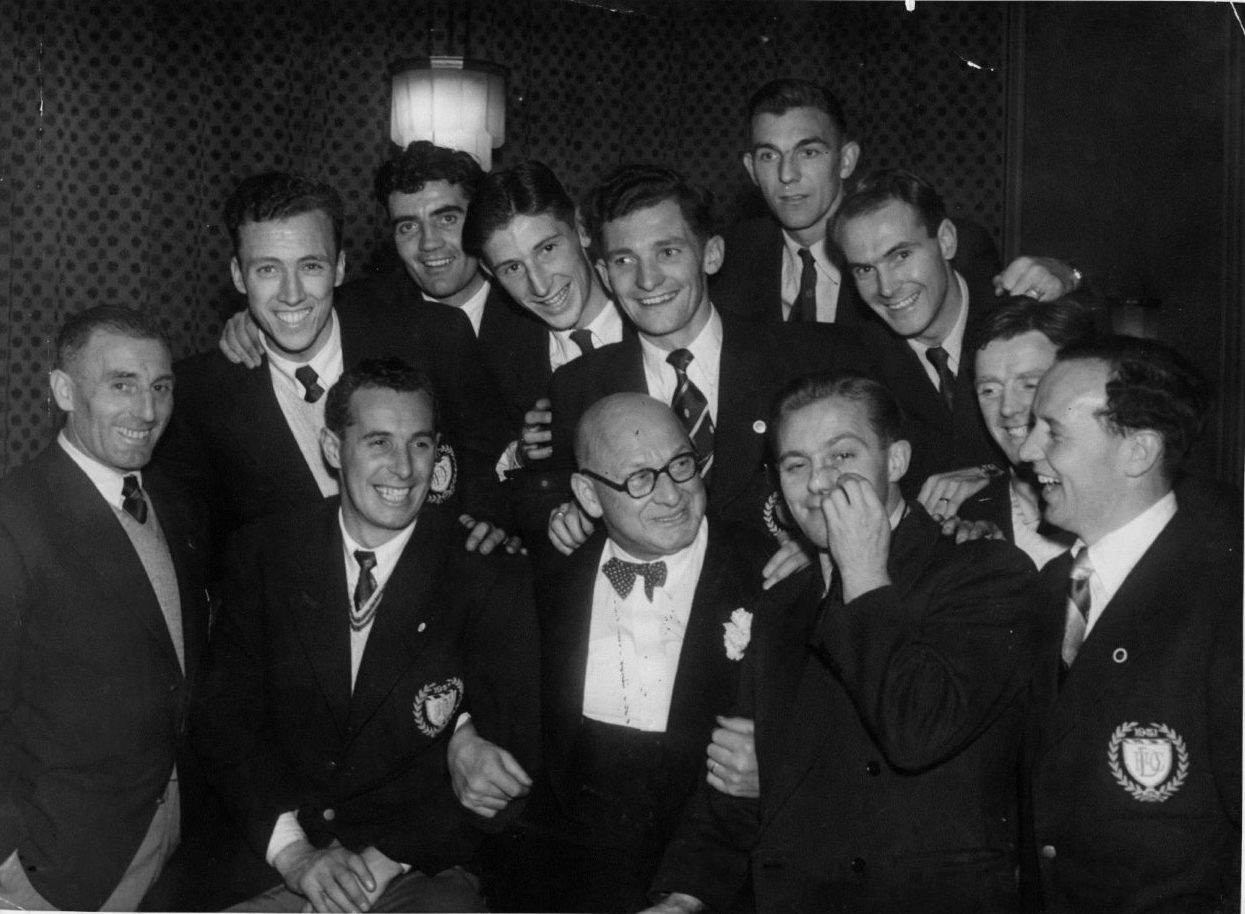 Dundee players celebrate with manager George Anderson after winning the League Cup in 1951. Picture: DCT Media.