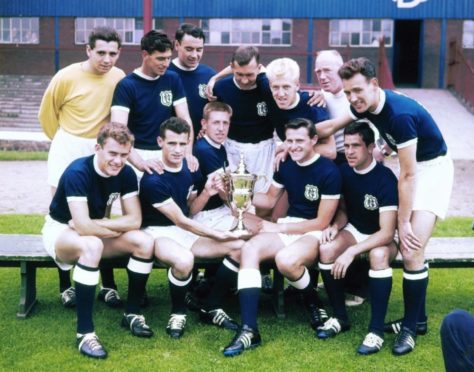 Dundee heroes with league trophy - Back (from left): Pat Liney, Gordon Smith, Alan Gilzean, Bobby Wishart, Ian Ure, trainer Sammy Kean, Bobby Seith. Front: Andy Penman, Bobby Cox, Alex Hamilton, Alan Cousin and Hugh Robertson.