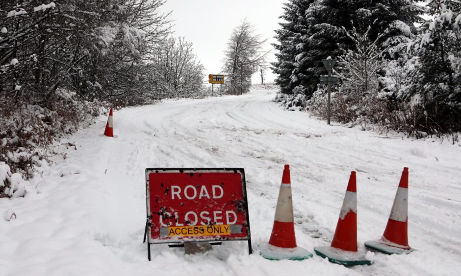 The Dundee to Glamis road closed because of snow on Thursday, January 14.