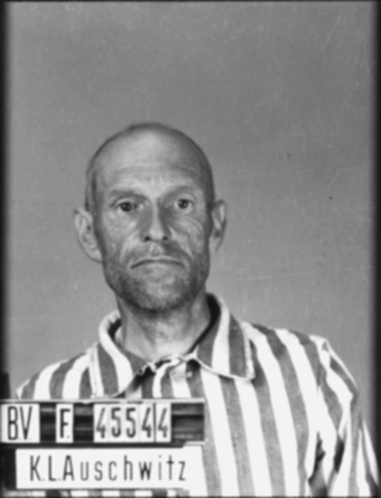 John Fletcher in his striped pyjamas at Auschwitz-Birkenau.