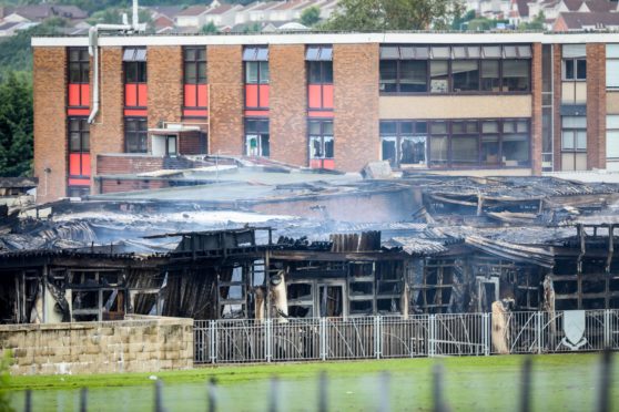 A burnt out Woodmill High School building after a fire