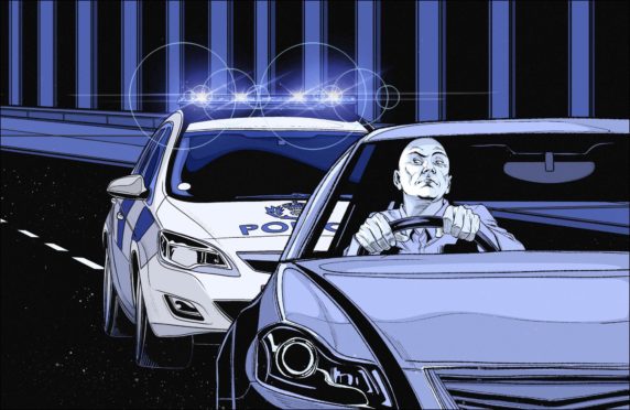 Drawing of Ronnie Wilson driving with a police car behind him
