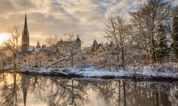 View of the Tay and Perth's Tay Street from a snow-covered Norie Miller Walk, Riverside, off Dundee Road, Perth.