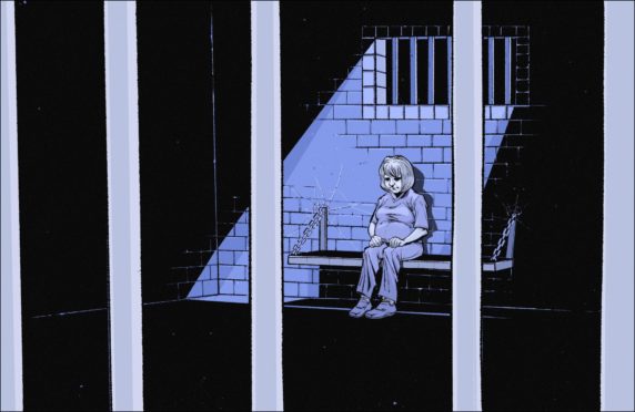 Drawing of Morag Yorston behind jail bars