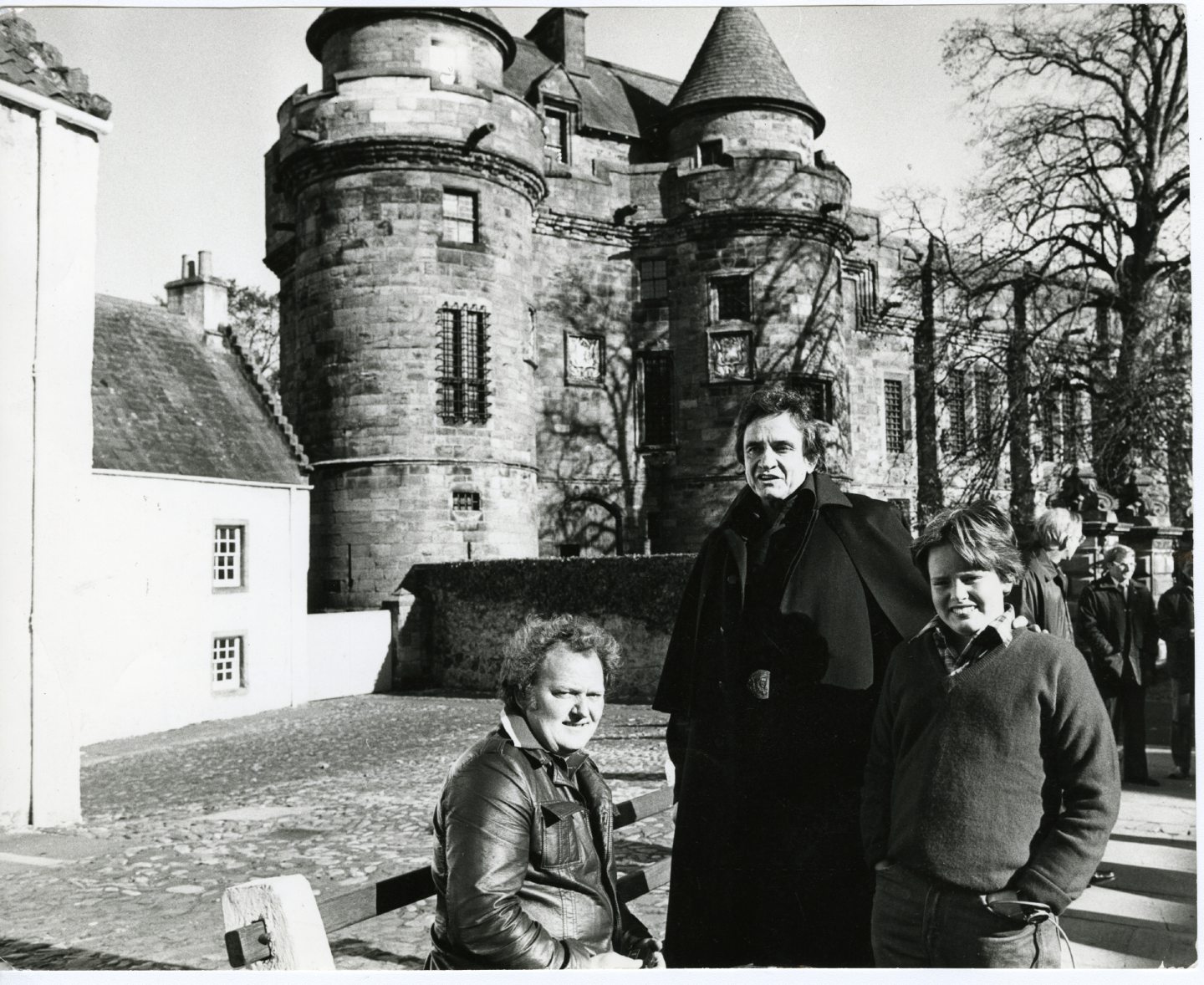 Johnny Cash with his son, John Carter Cash, 11, and John Duncan of Westfield Farm, Falkland, at Falkland Palace, where filming for his Christmas show took place.