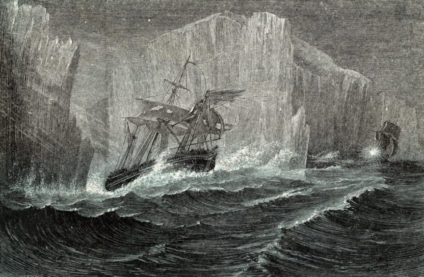 The Erebus and the Terror among icebergs on the doomed mission.