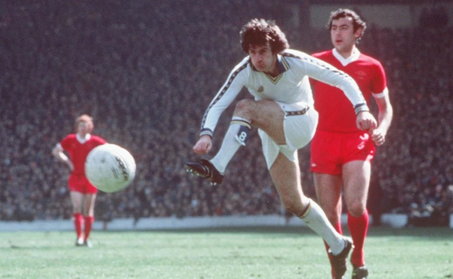 Peter Lorimer in action against Liverpool in 1977.