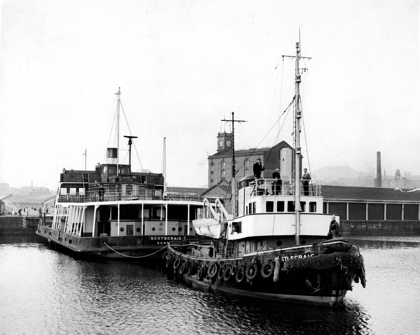 The Scotscraig being towed from Dundee Harbour by the tug Castlecraig in February 1968.