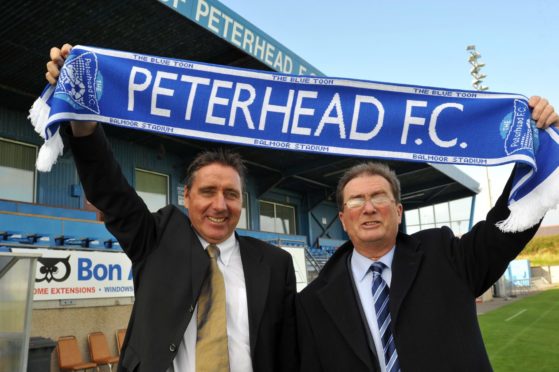 Jim McInally with Peterhead chairman Rodger Morrison when he was appointed in 2011.