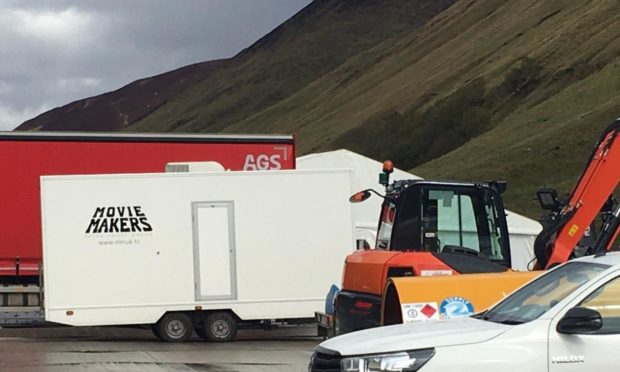 Film studio trailers parked in Glen Tilt