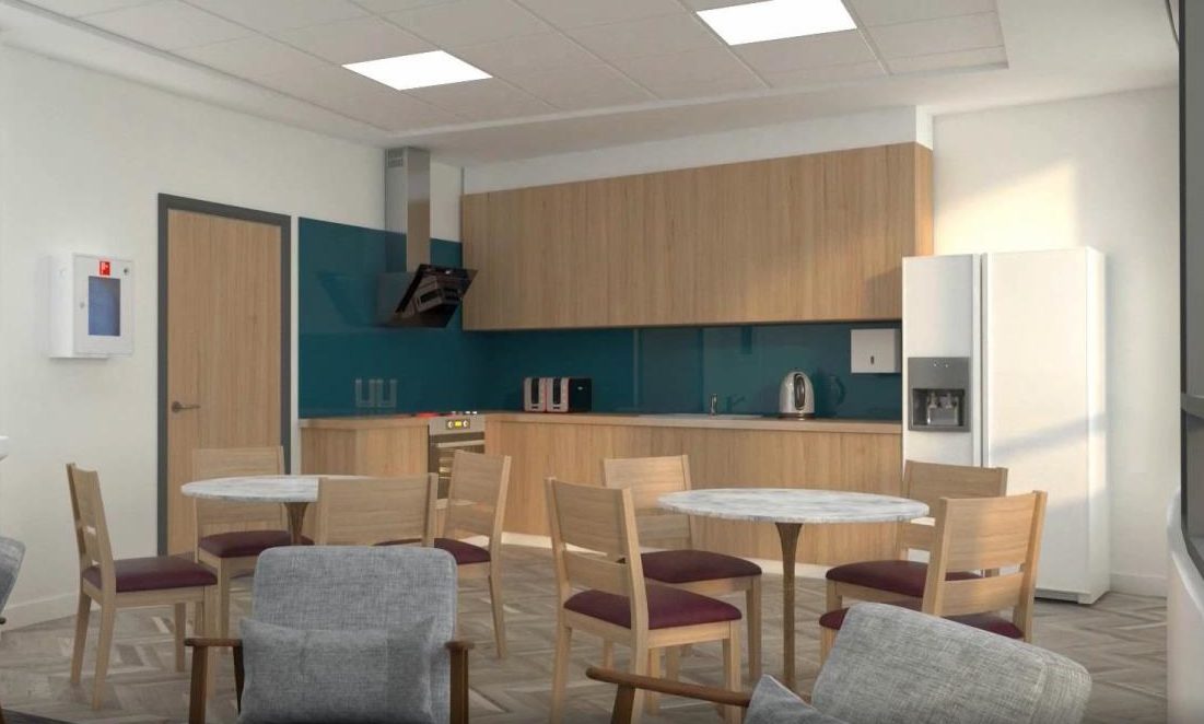 A render of one of the kitchen/ dining areas in the new hospitals.