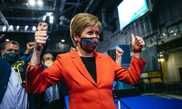 Nicola Sturgeon celebrating with her campaign team in Glasgow after the results on Friday.