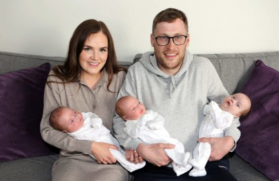 The Mudie Triplets from Monifieth: Archie, Oliver &amp; Myles with mum Lois &amp; dad Craig.