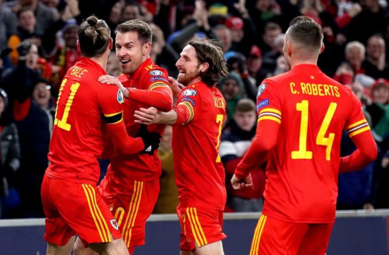 Wales' Aaron Ramsey (second left) celebrates scoring his side's first goal against Hungary in a Euro 2020 qualifier.