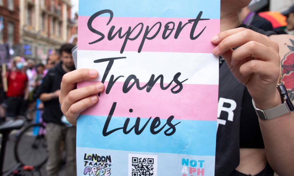 Someone holding a 'Support Trans Lives' poster