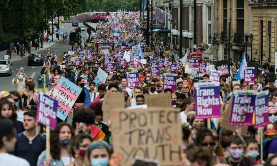 Thousands of people lining the street at a Trans Pride march in London