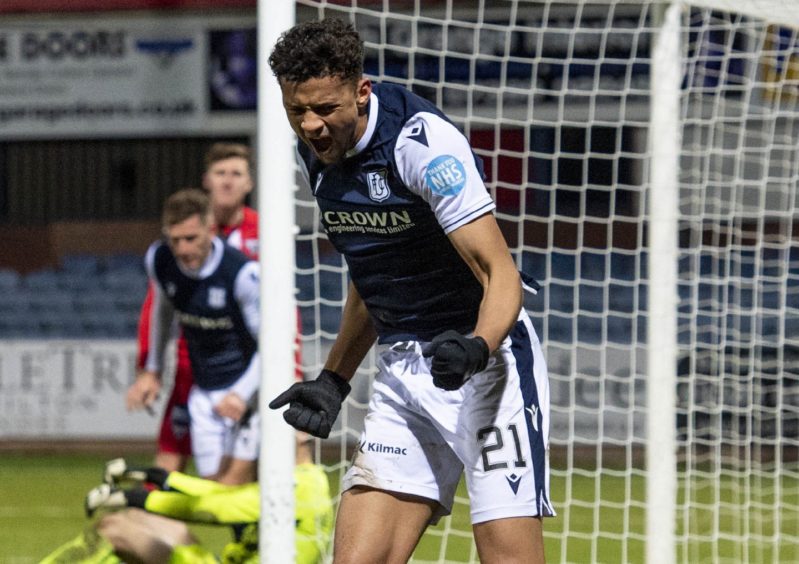 Osman Sow celebrates his first Dundee goal.