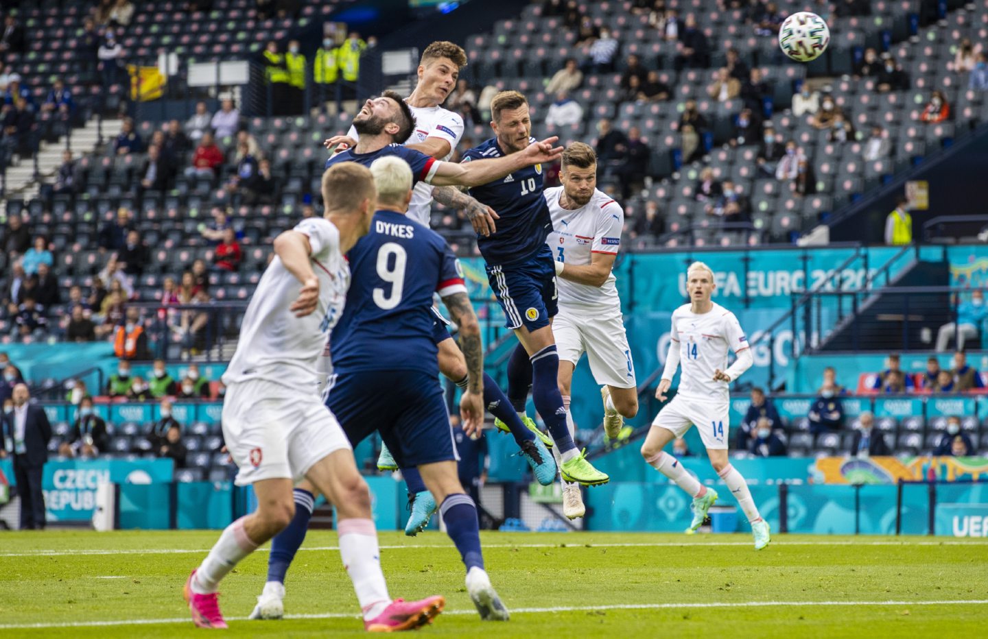 Patrick Schick gets above the Scotland defence to head Czech Republic in front.